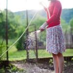 Image: Woman watering plants in a vegetable garden, demonstrating the process of mastering the art of vegetable gardening